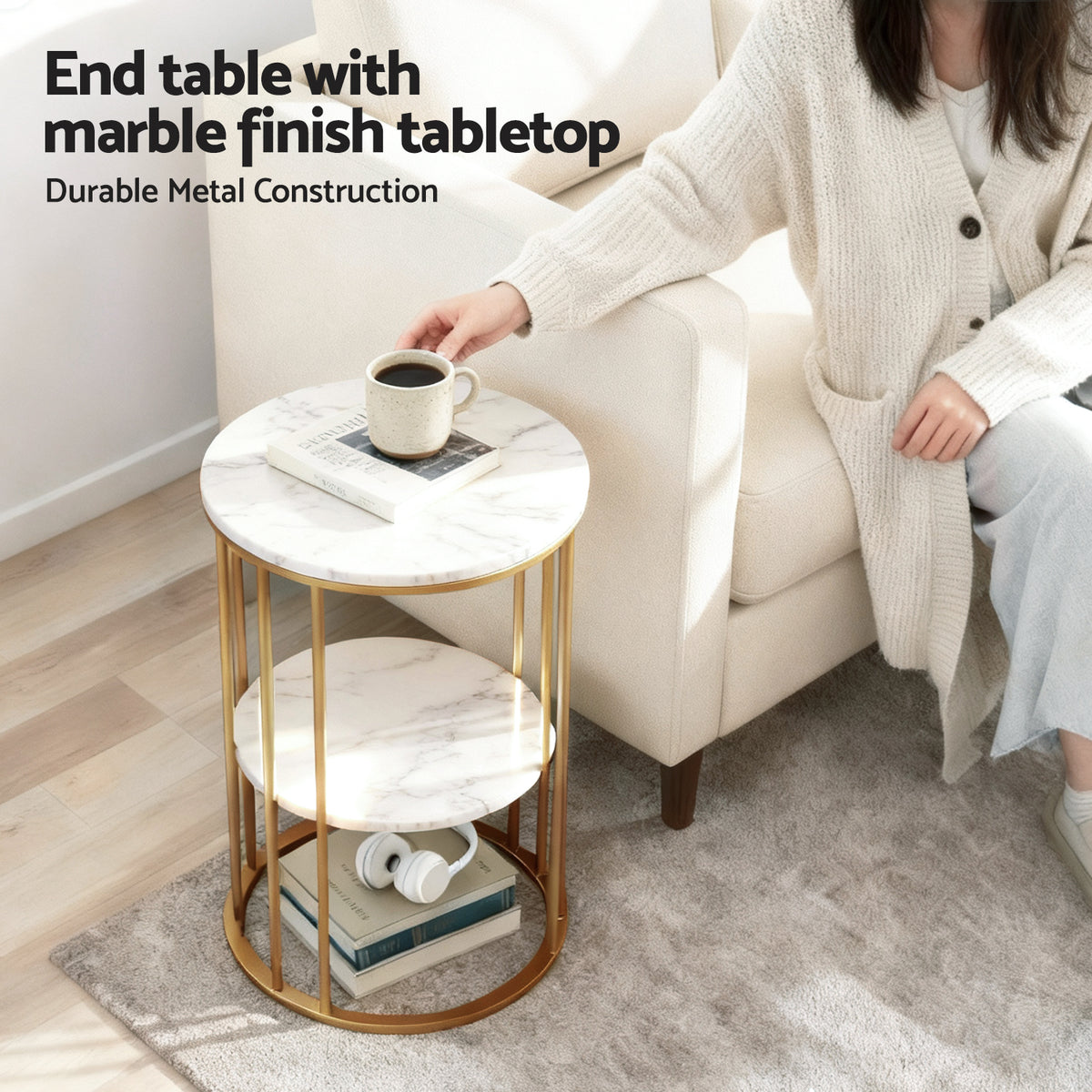 Artiss Coffee Table 2-Tier Round Marble Effect White&Gold