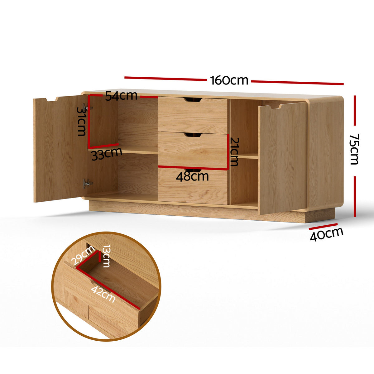 Artiss Buffet Sideboard Cabinet Storage Kitchen Cupboard Drawers Round Edge Oak