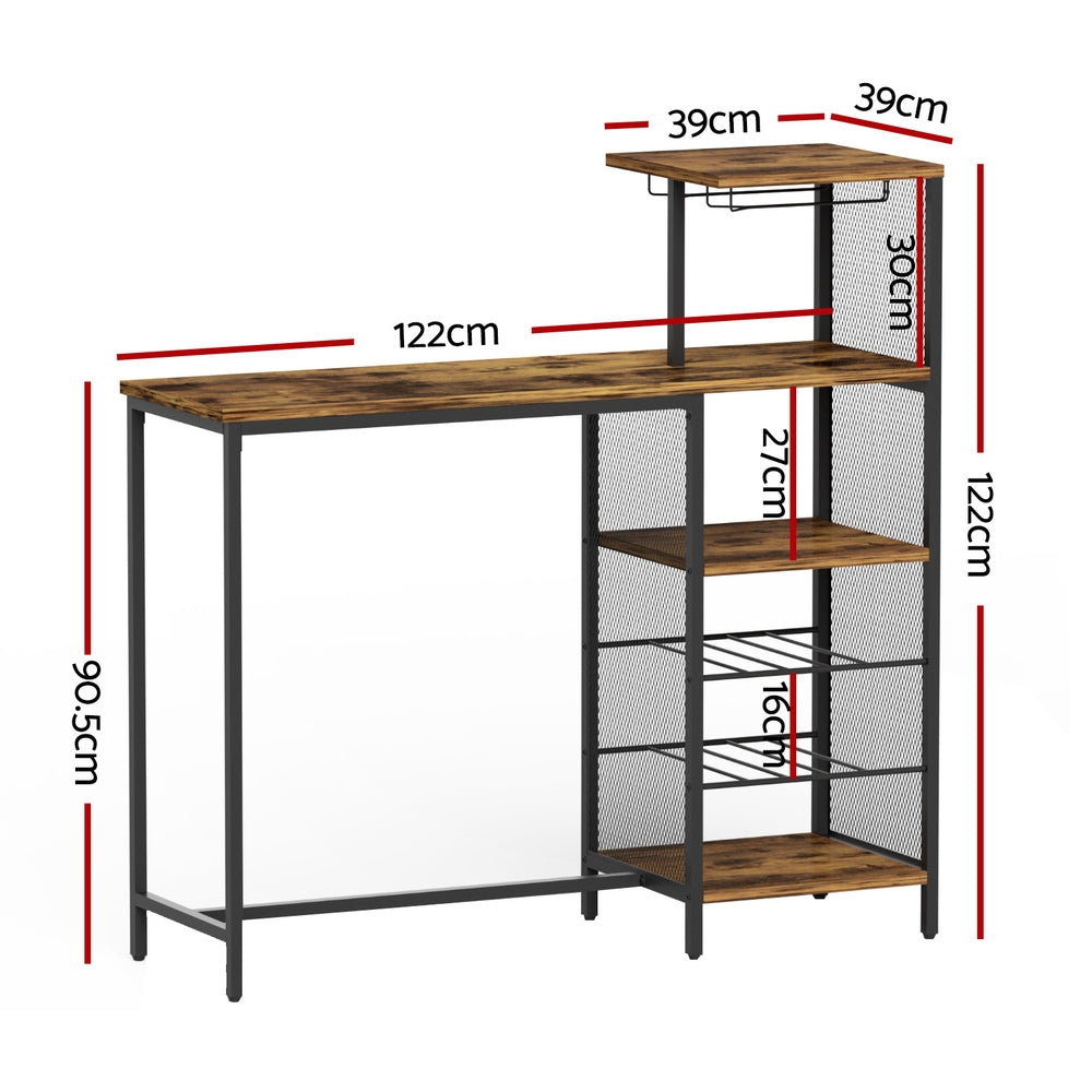 Artiss Industrial Bar Table with Wine Rack Cup Holder Multi-Level Storage 122cm Walnut