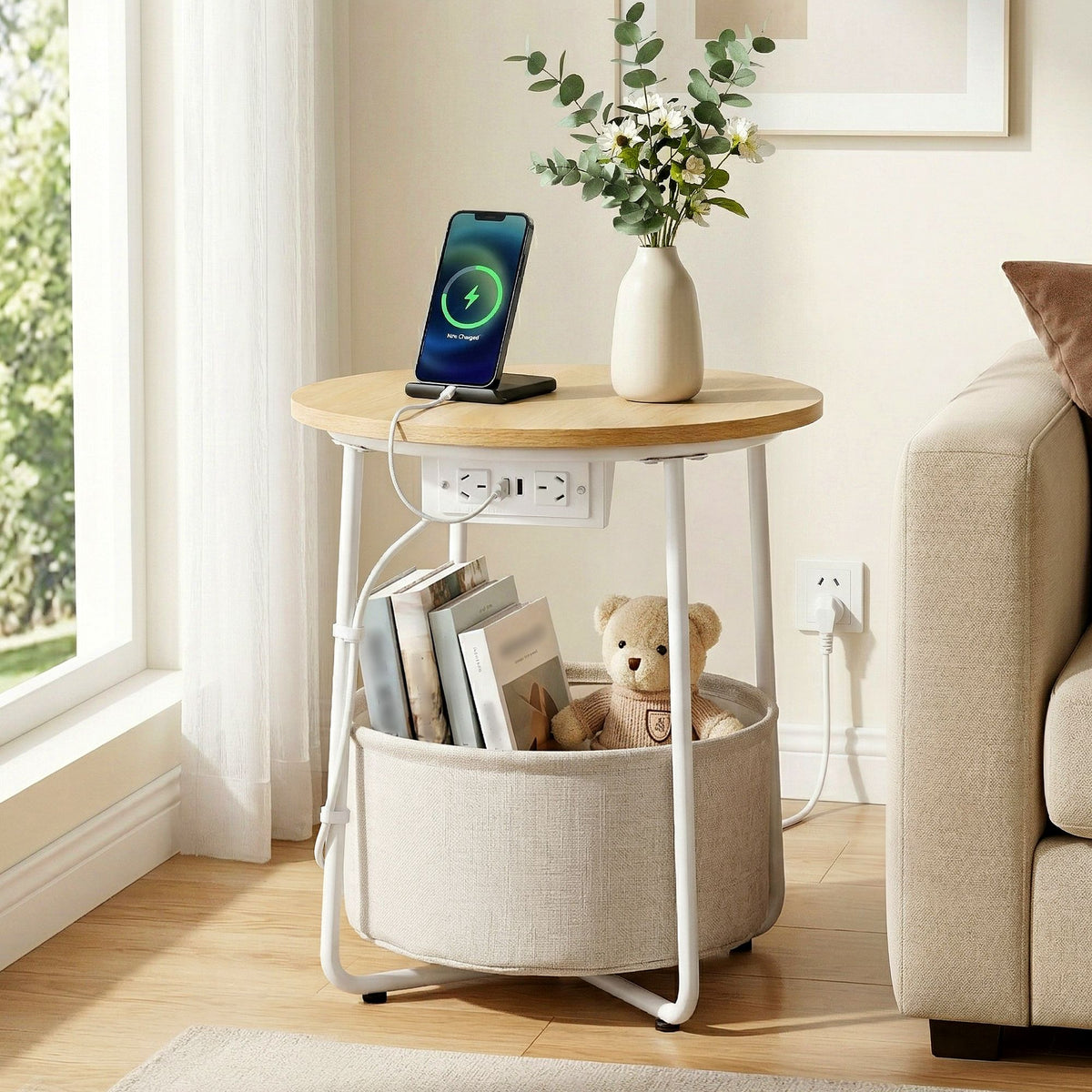Artiss Round Coffee Table Side End Table Charging Station Storage Basket
