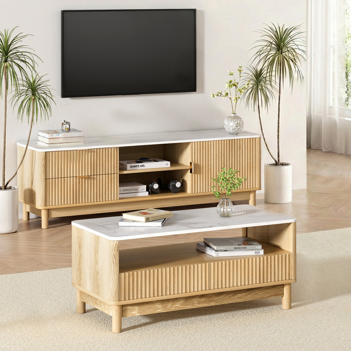 Artiss TV Unit & Coffee Table Set Storage Drawers Pine