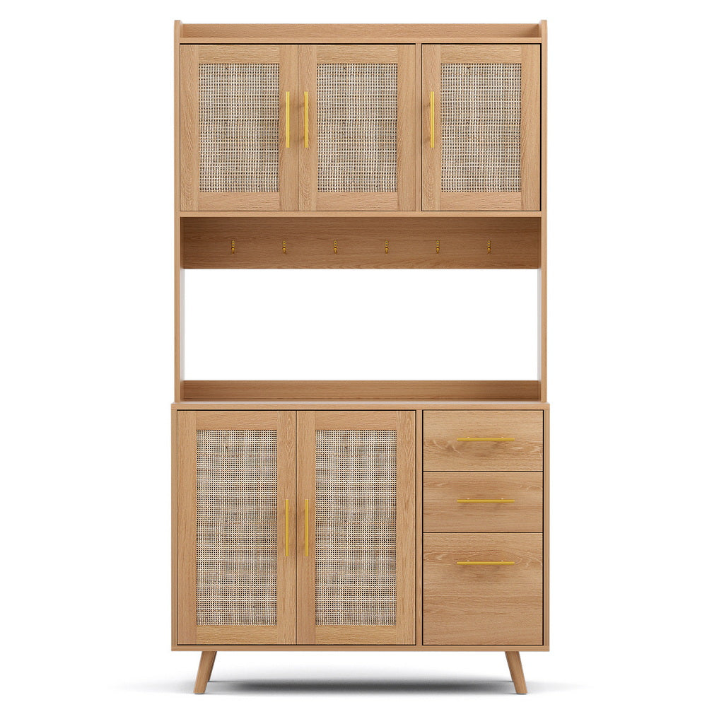 Artiss Buffet Sideboard Hutch Storage Cabinet Kitchen Cupboard Hooks Rattan Pine
