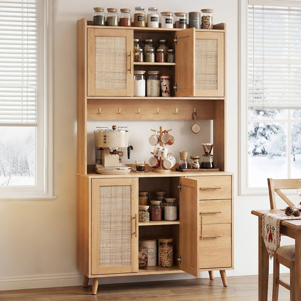 Artiss Buffet Sideboard Hutch Storage Cabinet Kitchen Cupboard Hooks Rattan Pine