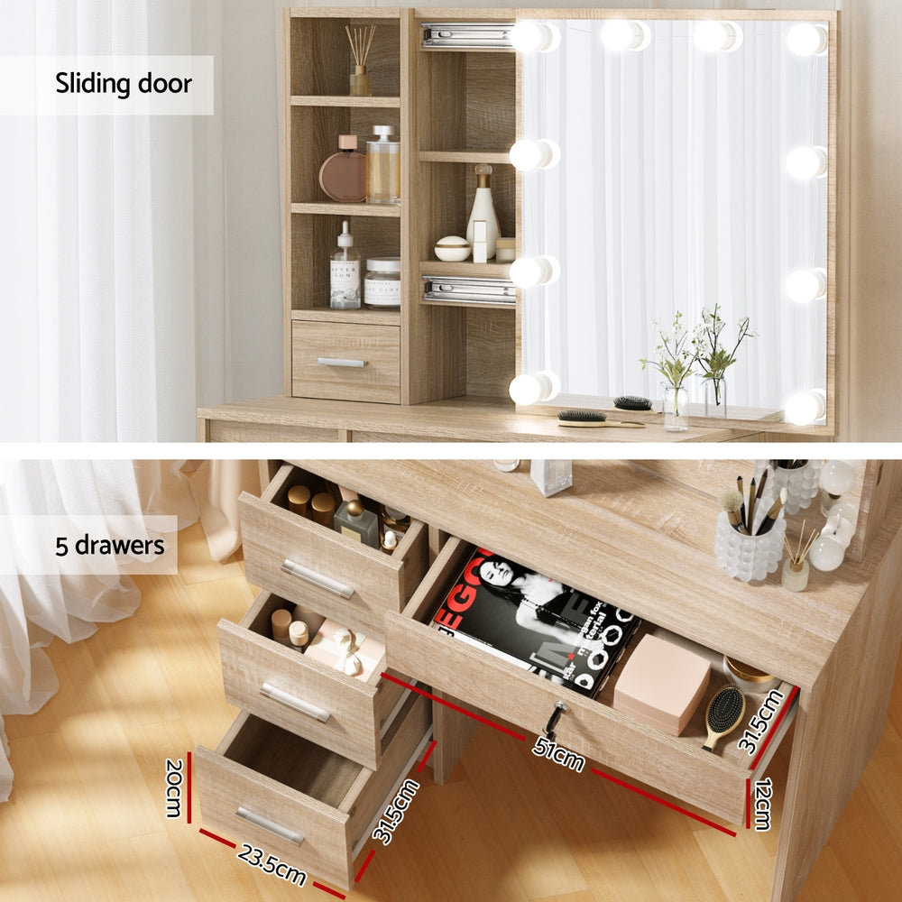 Artiss Dressing Table Set Stool 10 Led Bulbs Wood