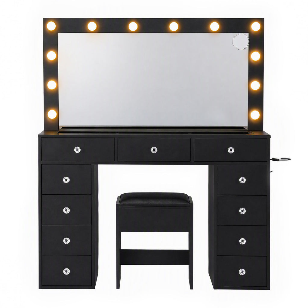Artiss Dressing Table Charging Station LED Vanity Desk Set Stool Glass Top Make up Mirror Storage Drawer Black
