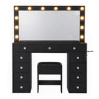 Artiss Dressing Table Charging Station LED Vanity Desk Set Stool Glass Top Make up Mirror Storage Drawer Black