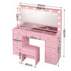 Artiss Dressing Table Charging Station LED Vanity Desk Set Stool Glass Top Make up Mirror Storage Drawer Pink