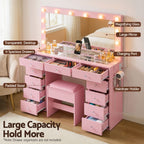 Artiss Dressing Table Charging Station LED Vanity Desk Set Stool Glass Top Make up Mirror Storage Drawer Pink