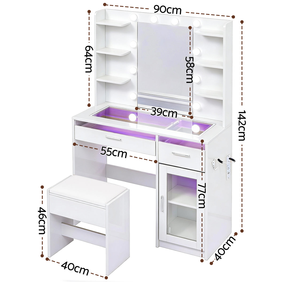 Artiss Dressing Table Vanity Desk Set 10 LED Bulbs RGB Light White