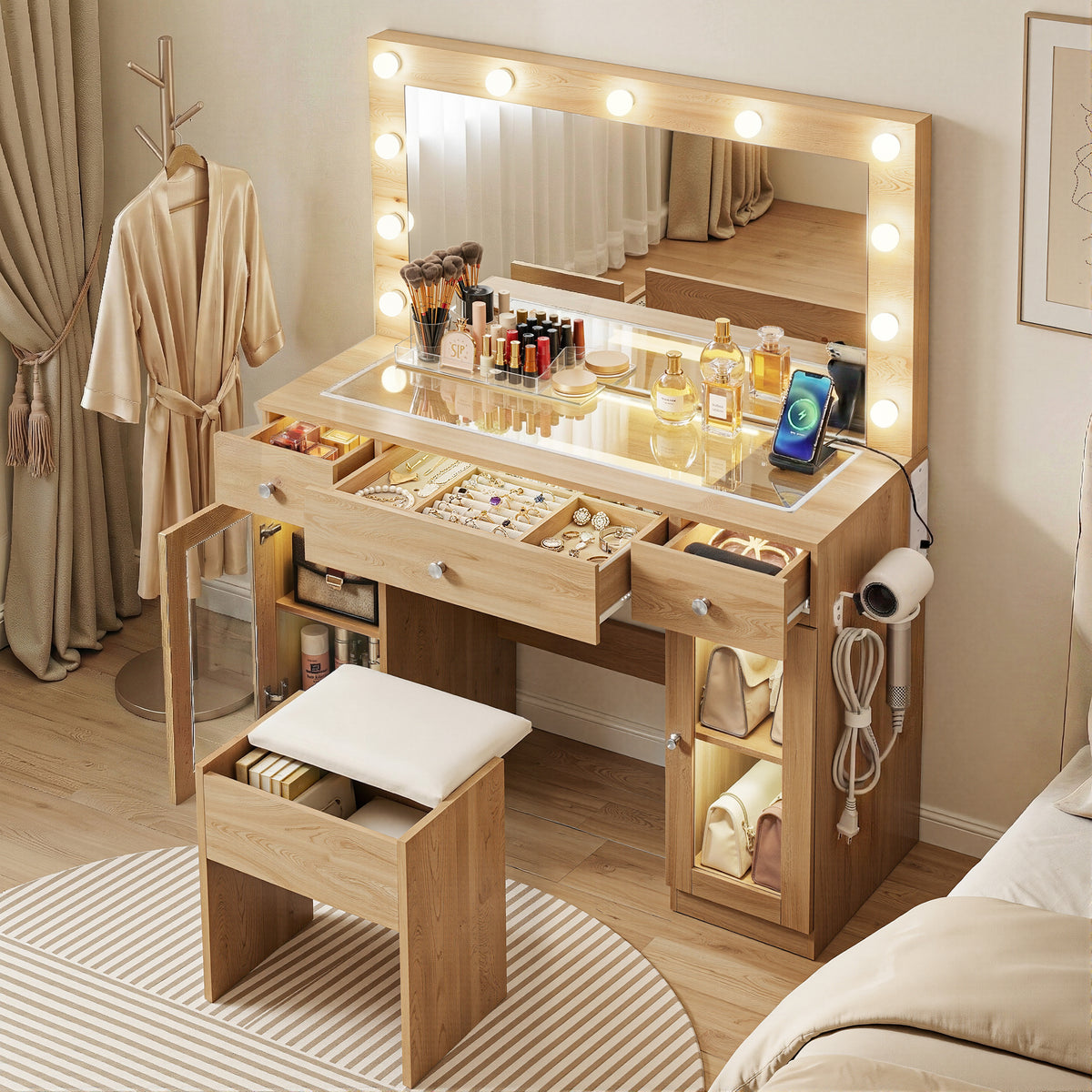 Artiss Dressing Table Vanity Desk Set LED Bulbs RGB Light Wood