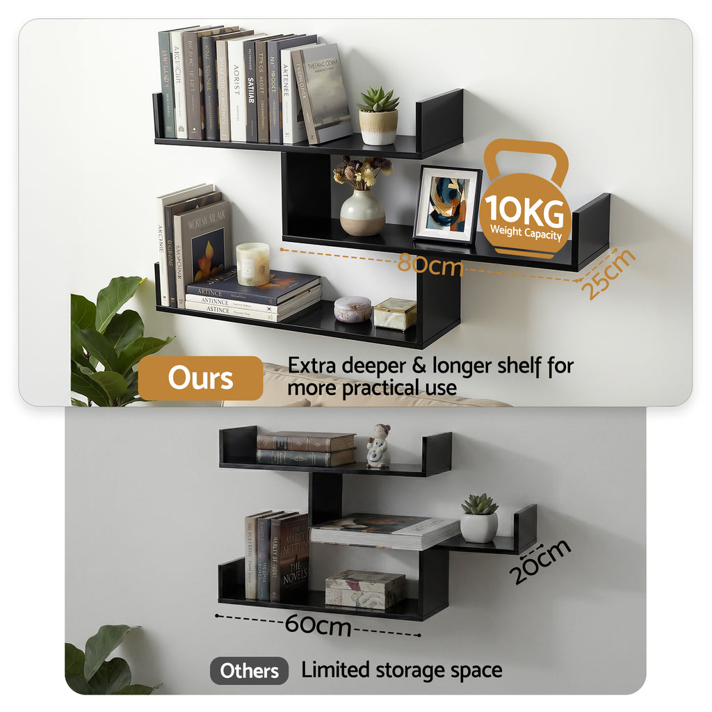 Artiss Floating Wall Shelf 3 Tier Black