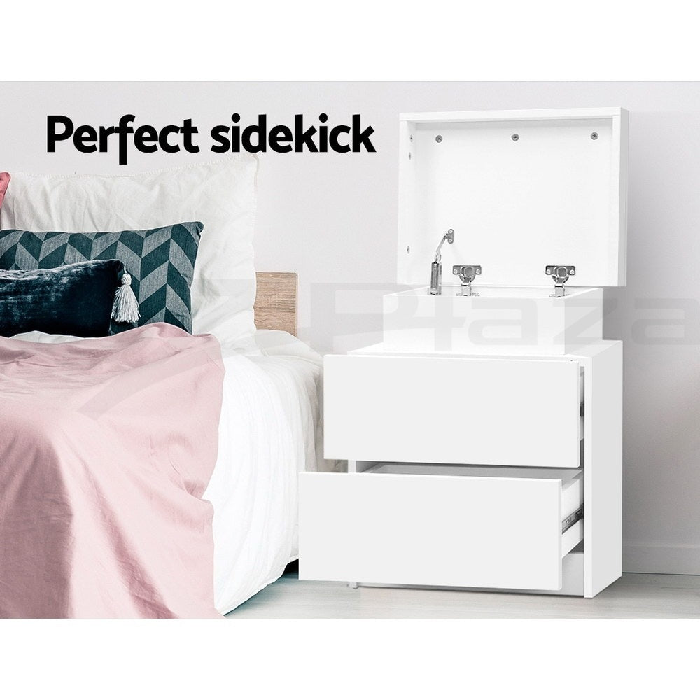 Artiss 2X Bedside Table 2 Drawers Lift-up Storage White