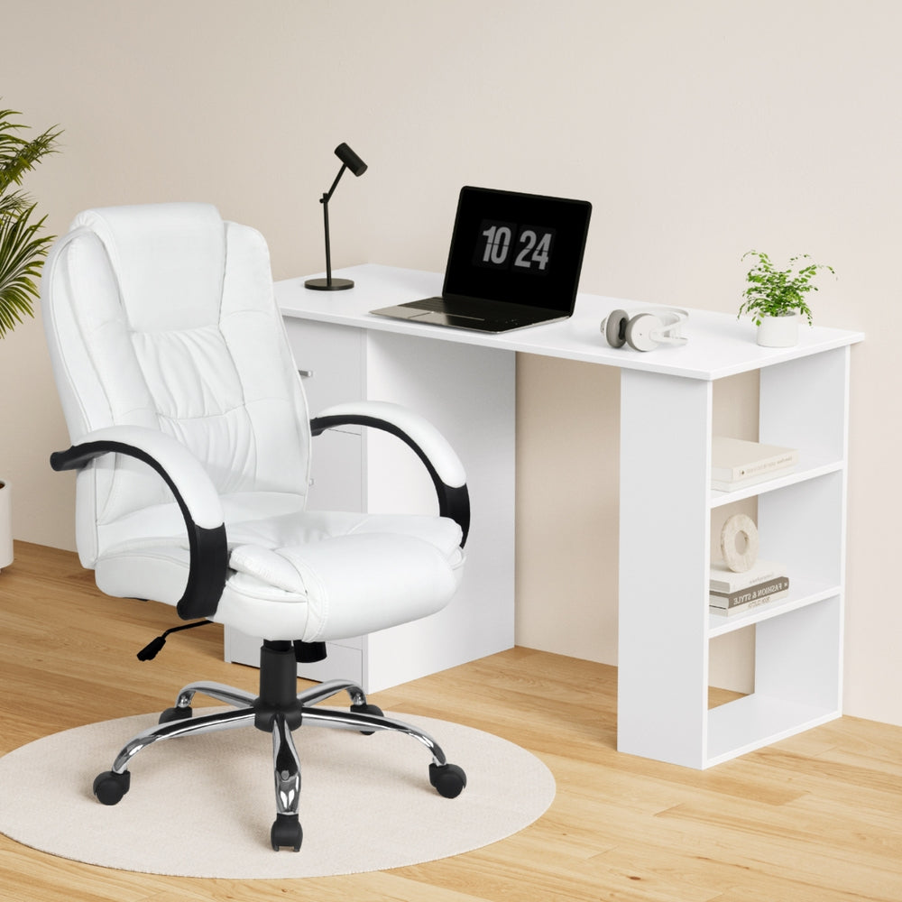 Artiss Computer Desk 120cm Executive Office Chair Set PU Leather High Back White