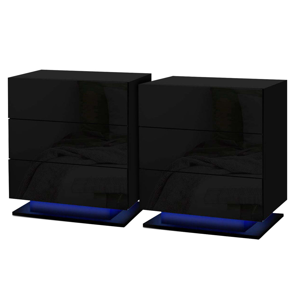 Artiss 2x Bedside Table LED 3 Drawers - MORI Black