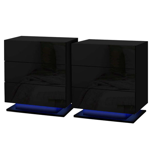 Artiss 2x Bedside Table LED 3 Drawers - MORI Black