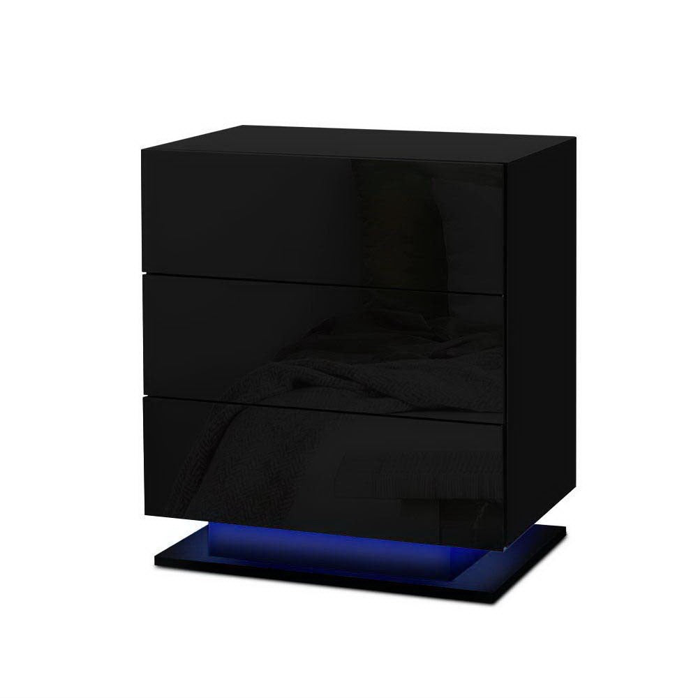 Artiss 2x Bedside Table LED 3 Drawers - MORI Black