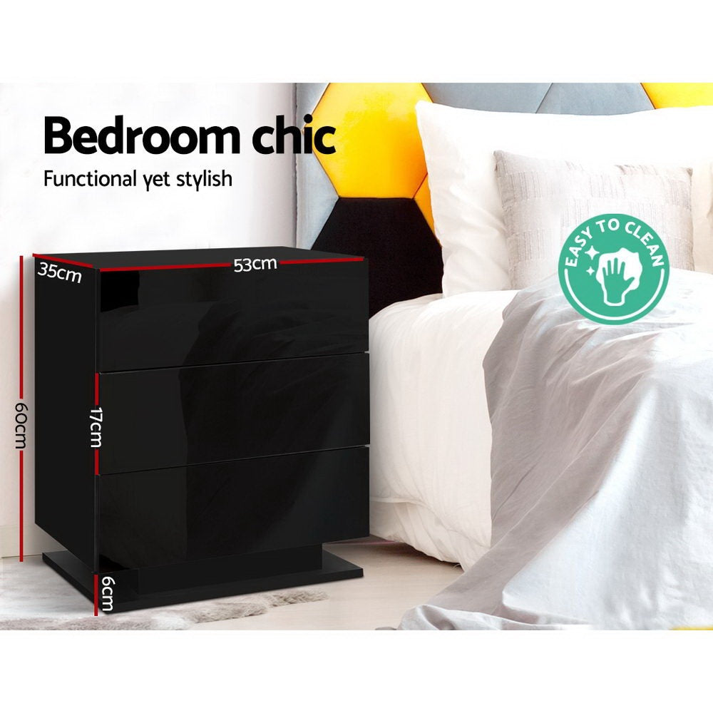 Artiss 2x Bedside Table LED 3 Drawers - MORI Black