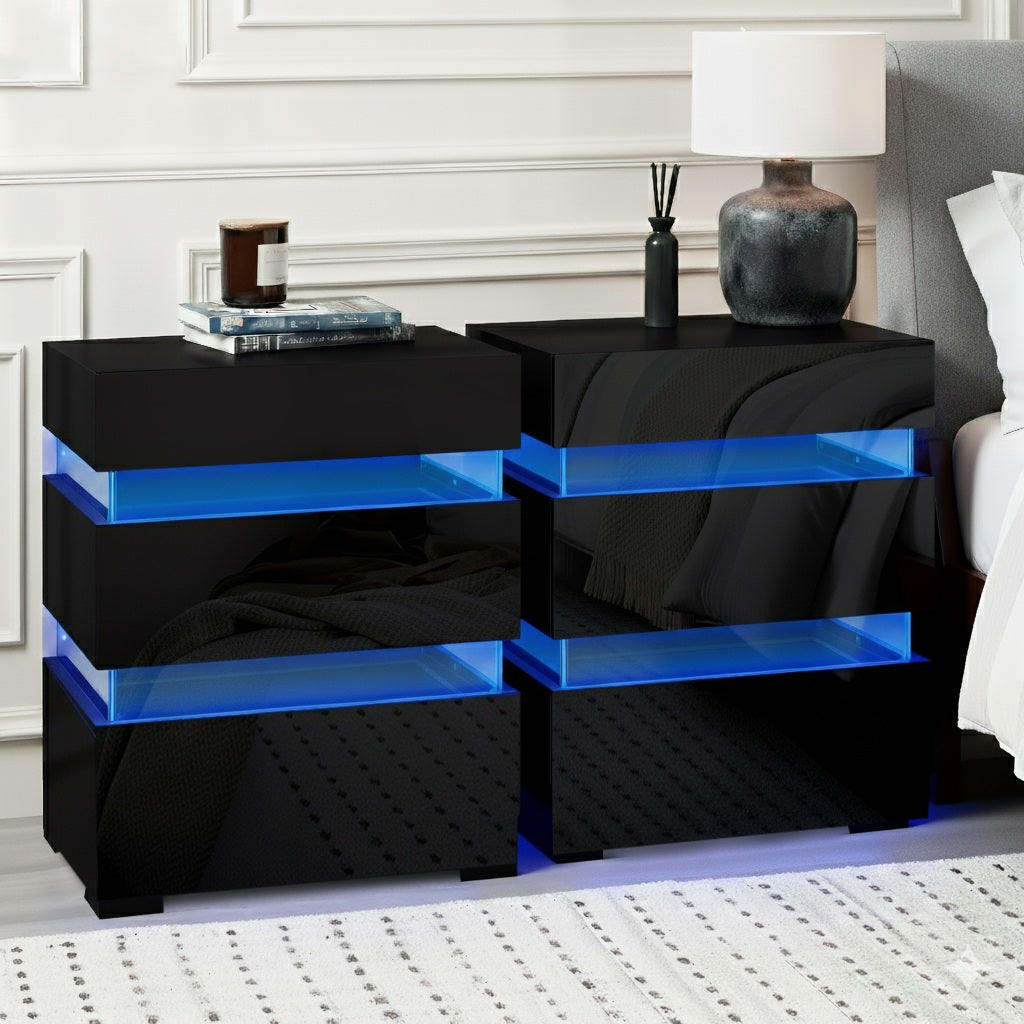 Artiss 2x Bedside Table LED 3 Drawers - LUMI Black