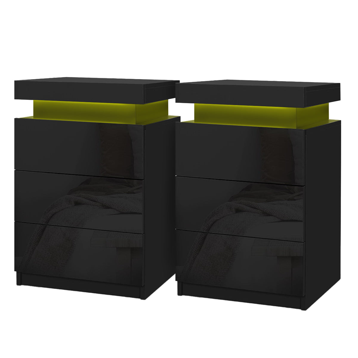 Artiss 2X Bedside Table LED 3 Drawers - COLEY Black