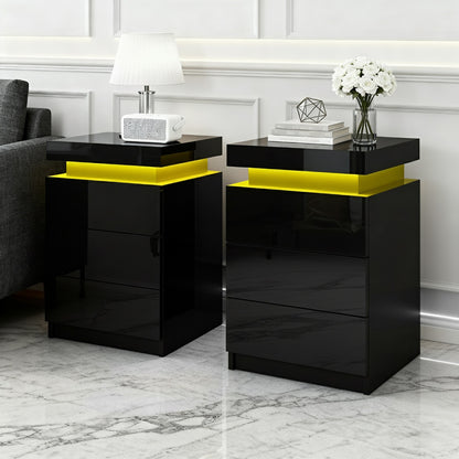 Artiss 2X Bedside Table LED 3 Drawers - COLEY Black