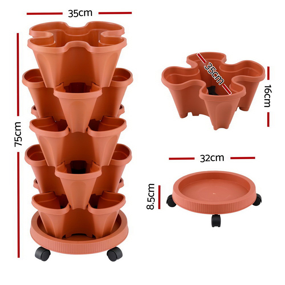 Green Fingers Raised Garden Bed 5 Tier Vertical Garden Brick Red Strawberry Stackable Planters Herbs Petunias