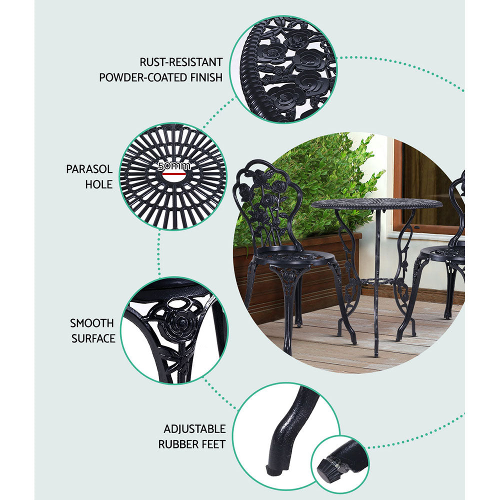 Gardeon 3PC Outdoor Setting Bistro Set Chairs Table Cast Aluminum Rose Black