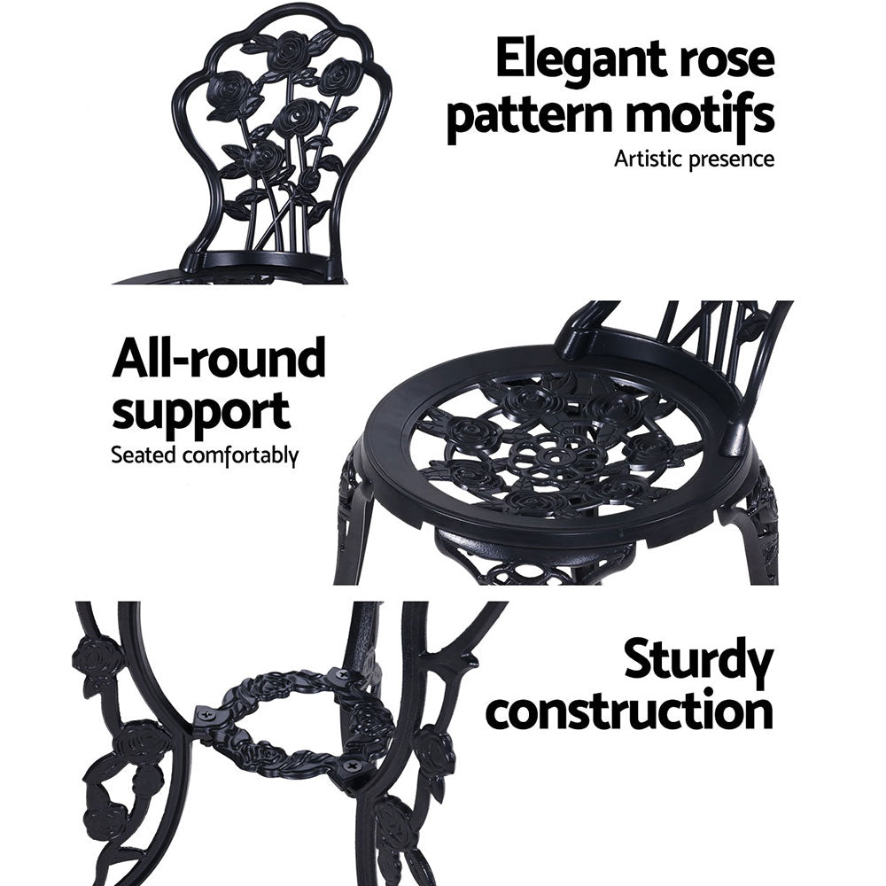 Gardeon 3PC Outdoor Setting Bistro Set Chairs Table Cast Aluminum Rose Black