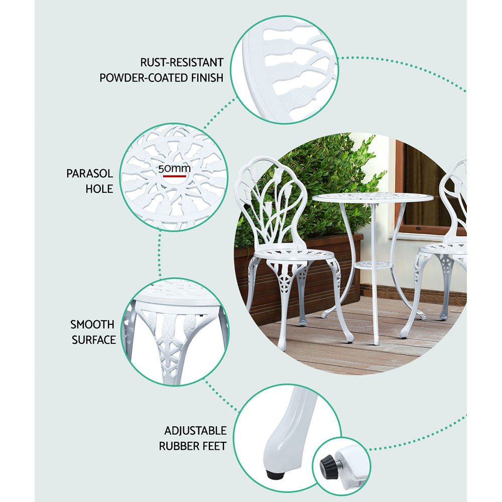 Gardeon 3PC Outdoor Setting Bistro Set Chairs Table Cast Aluminum Patio Furniture Tulip White