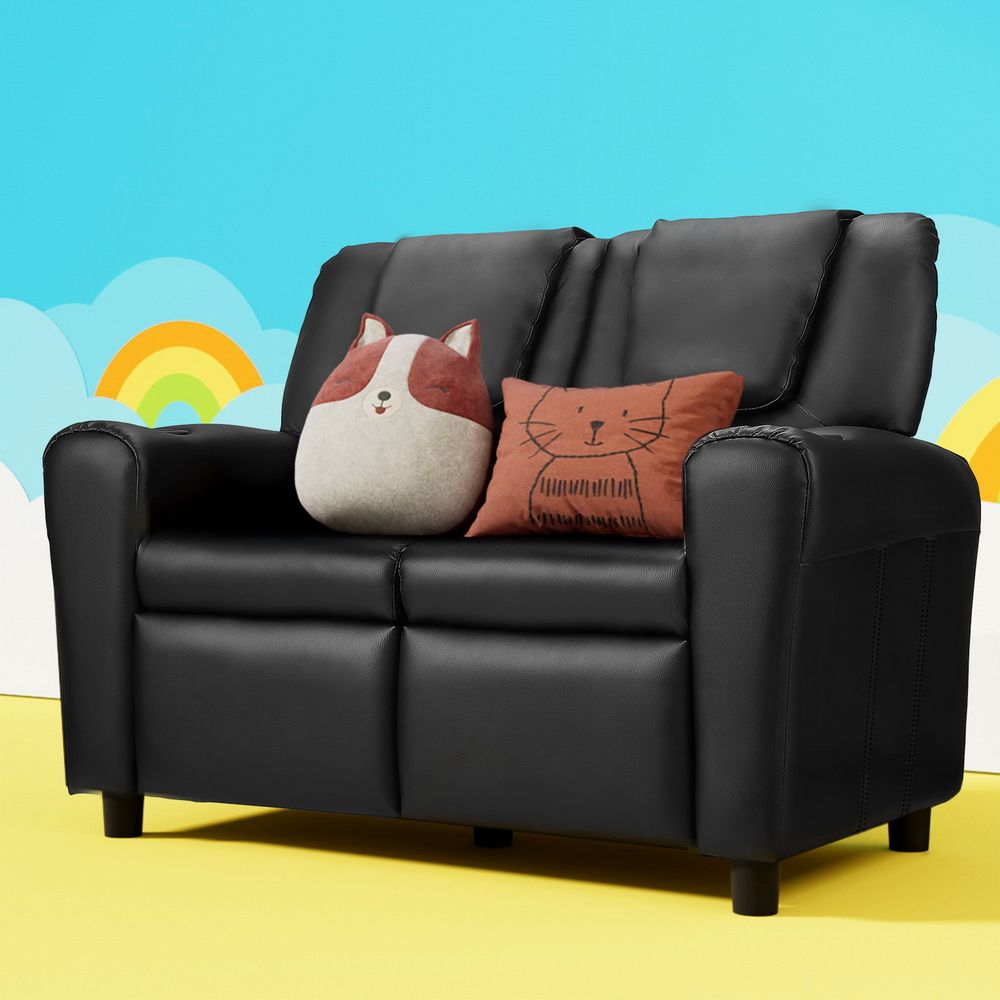 Keezi Kids Recliner Chair 2 Seats PU Leather Sofa Lounge Couch Armchair Black