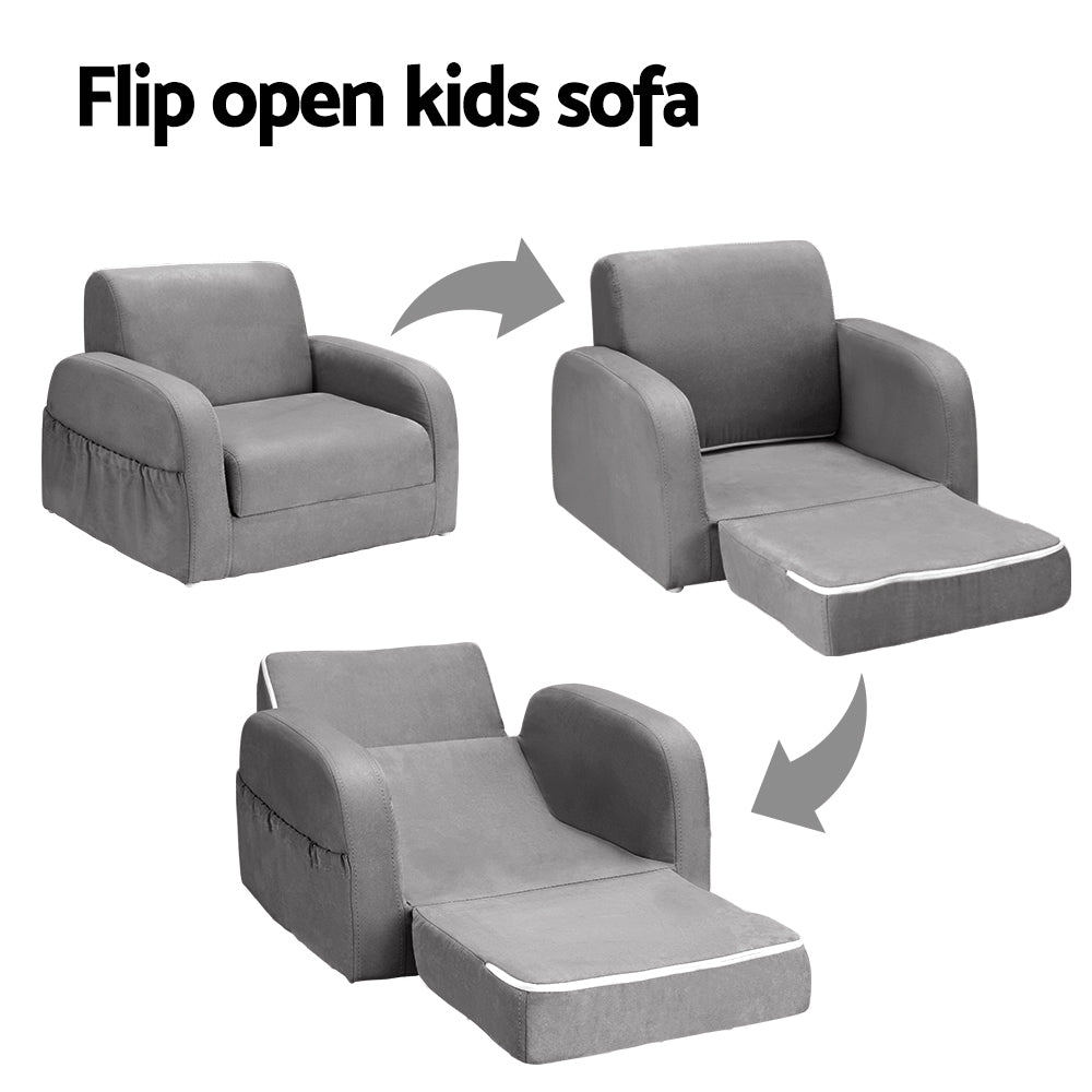 Keezi Kids Sofa 1 Seater Children Flip Open Couch Lounger Armchair Soft Grey