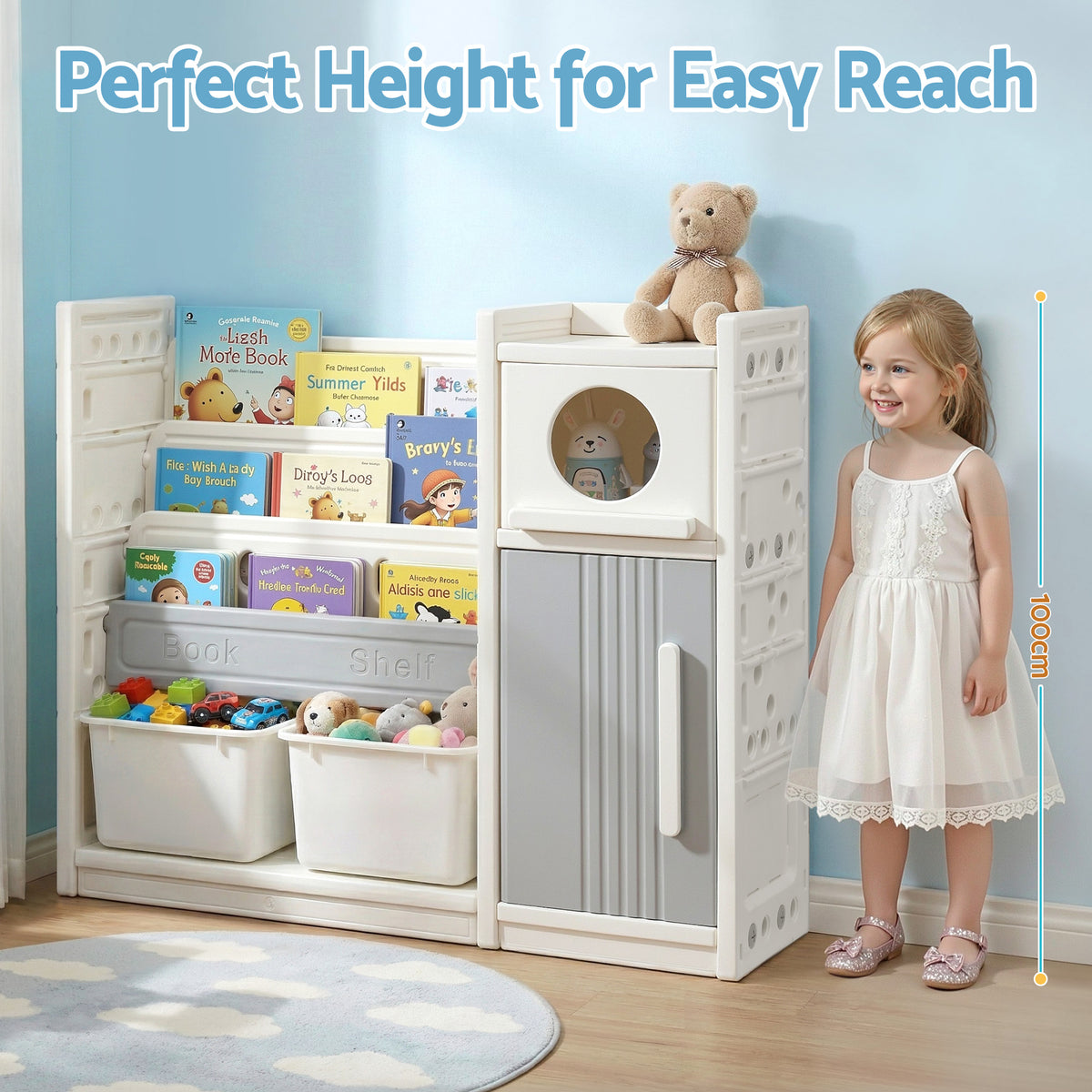 Keezi Kids Bookshelf and Toy Storage Organizer with 3-Tier Bookshelvs, 2 Removable Bins and 2 Storage Cabinets, Toddler Bookshelf with Toy Organizer for Kids' Rooms, Playrooms