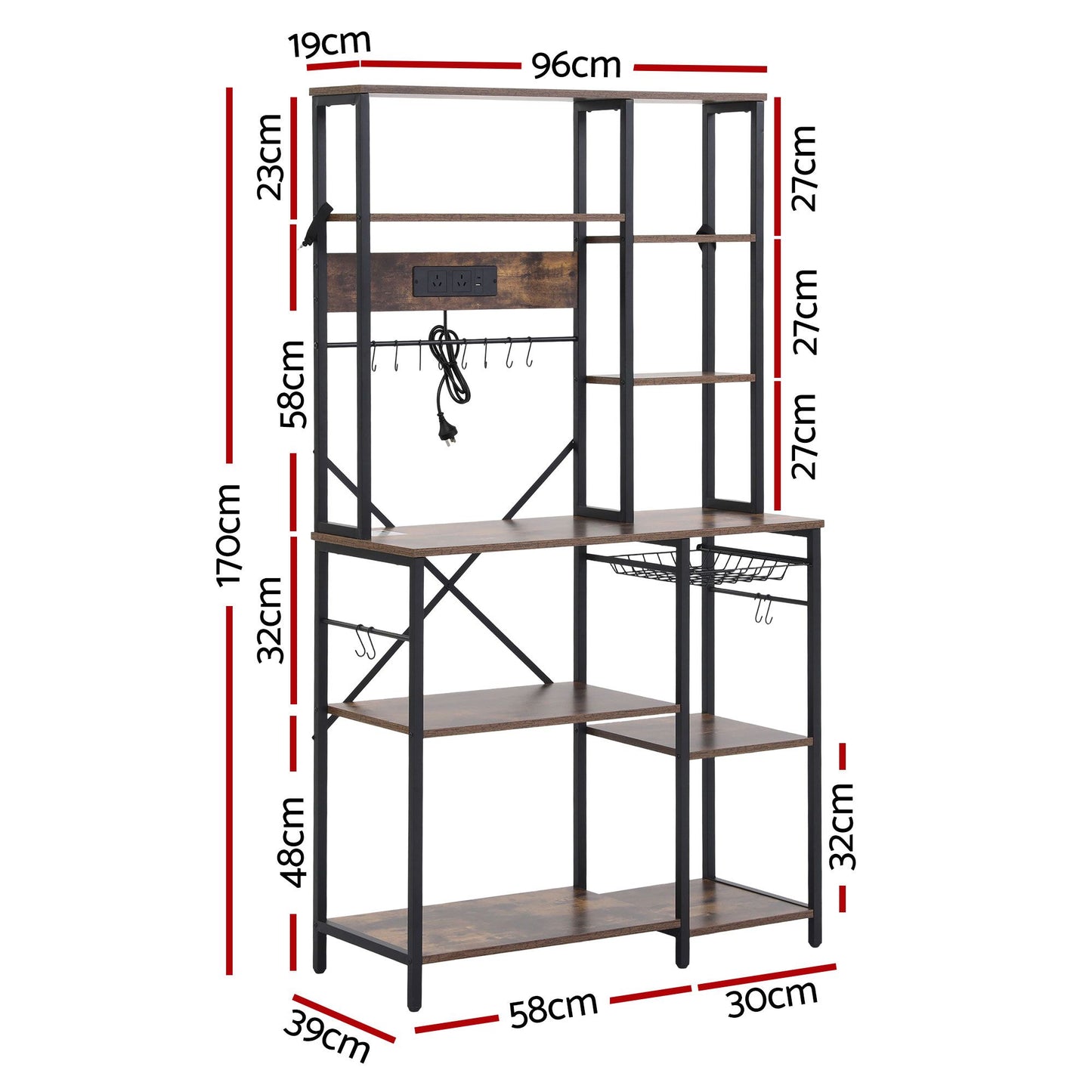 Artiss Kitchen Rack with Power Outlets Hooks 96CMX170CM Microwave Storage Shelf