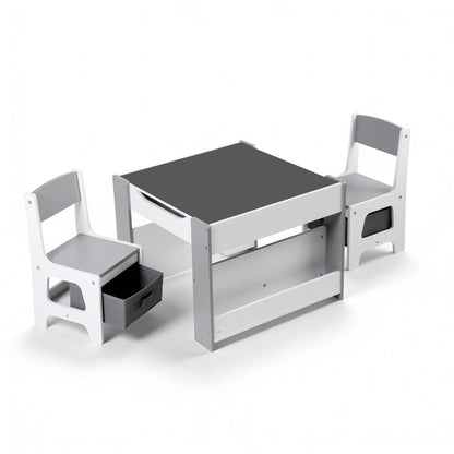 Keezi Kids Table and Chair Set, 4 in 1 Wooden Activity Table with Bookcase, Storage Box and Detachable Blackboard, Toddler Table and 2 Chairs Set, Grey