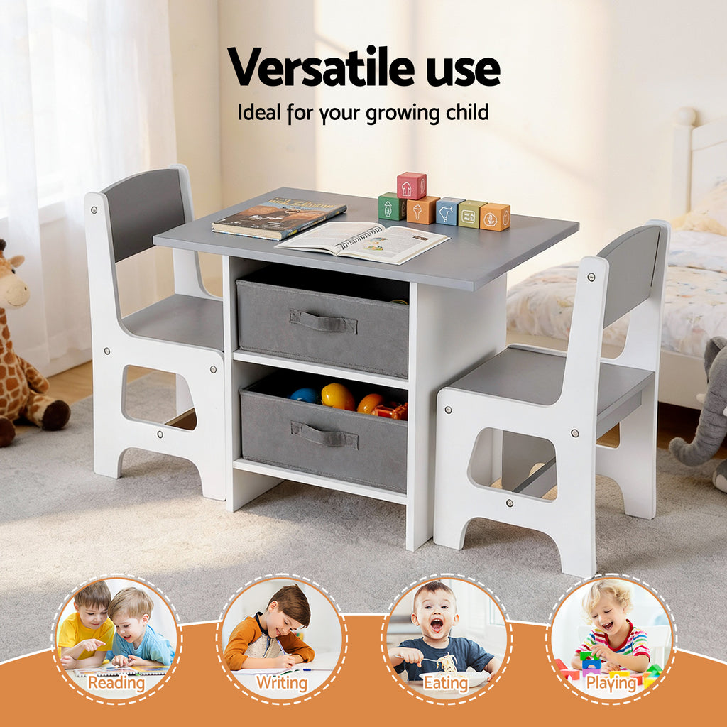 Keezi Kids Table and 2 Chairs Set Wooden Activity Table wit 2 Storage Drawers, Toddler Table and Chair Set for Children Drawing, Reading, Crafts, Eating, Grey
