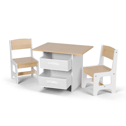 Keezi Kids Table and 2 Chairs Set Wooden Activity Table wit 2 Storage Drawers, Toddler Table and Chair Set for Children Drawing, Reading, Crafts, Eating, Natural