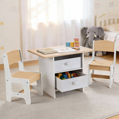 Keezi Kids Table and 2 Chairs Set Wooden Activity Table wit 2 Storage Drawers, Toddler Table and Chair Set for Children Drawing, Reading, Crafts, Eating, Natural
