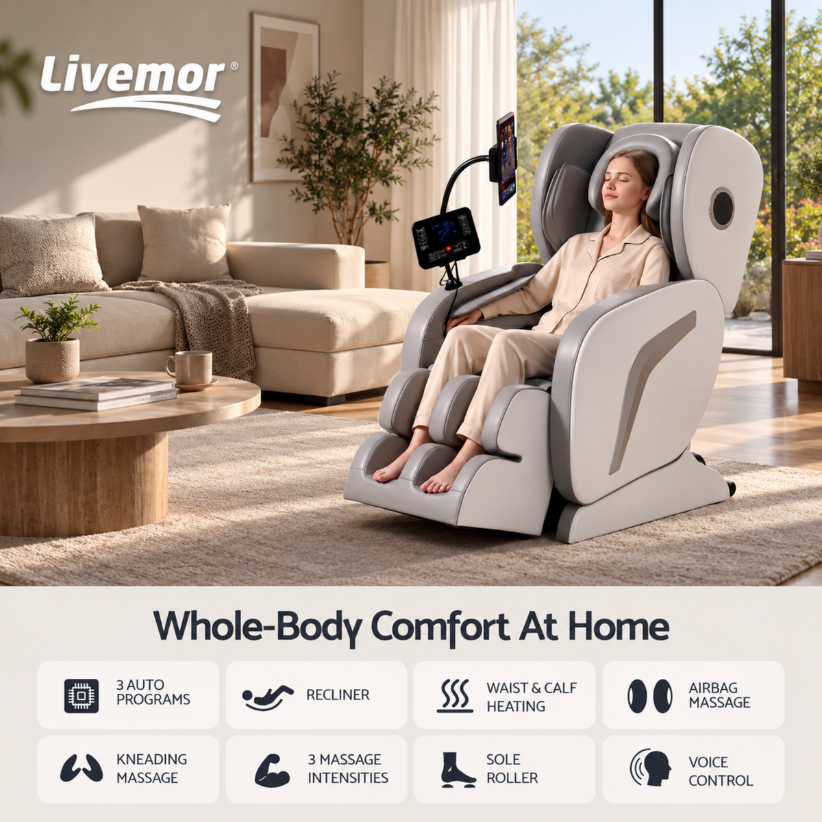 Livemor Full Body Massage Chair VEGA, Foot Roller, Waist & Calf Heat, Recliner, Airbags Compression