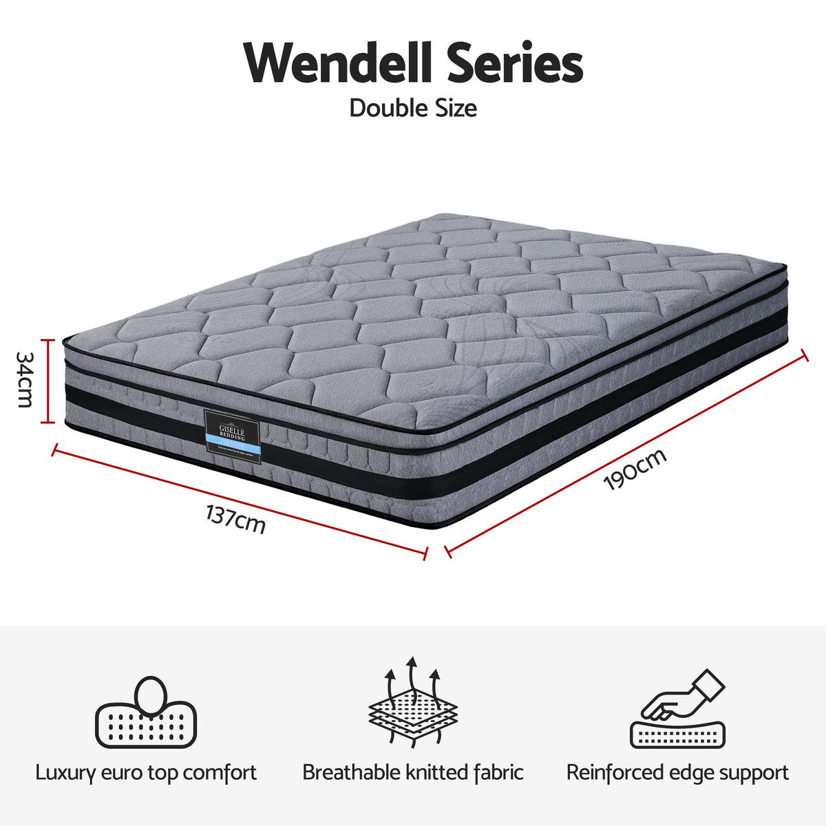 Giselle Bedding 34cm Double Mattress Hybrid, Pocket Spring Bed Mattress