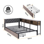 Artiss Bed Frame King Single Size with 2 Drawers and Charging Station Metal Corner Bed Base