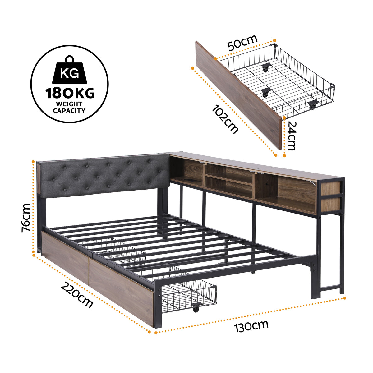 Artiss Bed Frame King Single Size with 2 Drawers and Charging Station Metal Corner Bed Base
