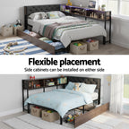 Artiss Bed Frame King Single Size with 2 Drawers and Charging Station Metal Corner Bed Base