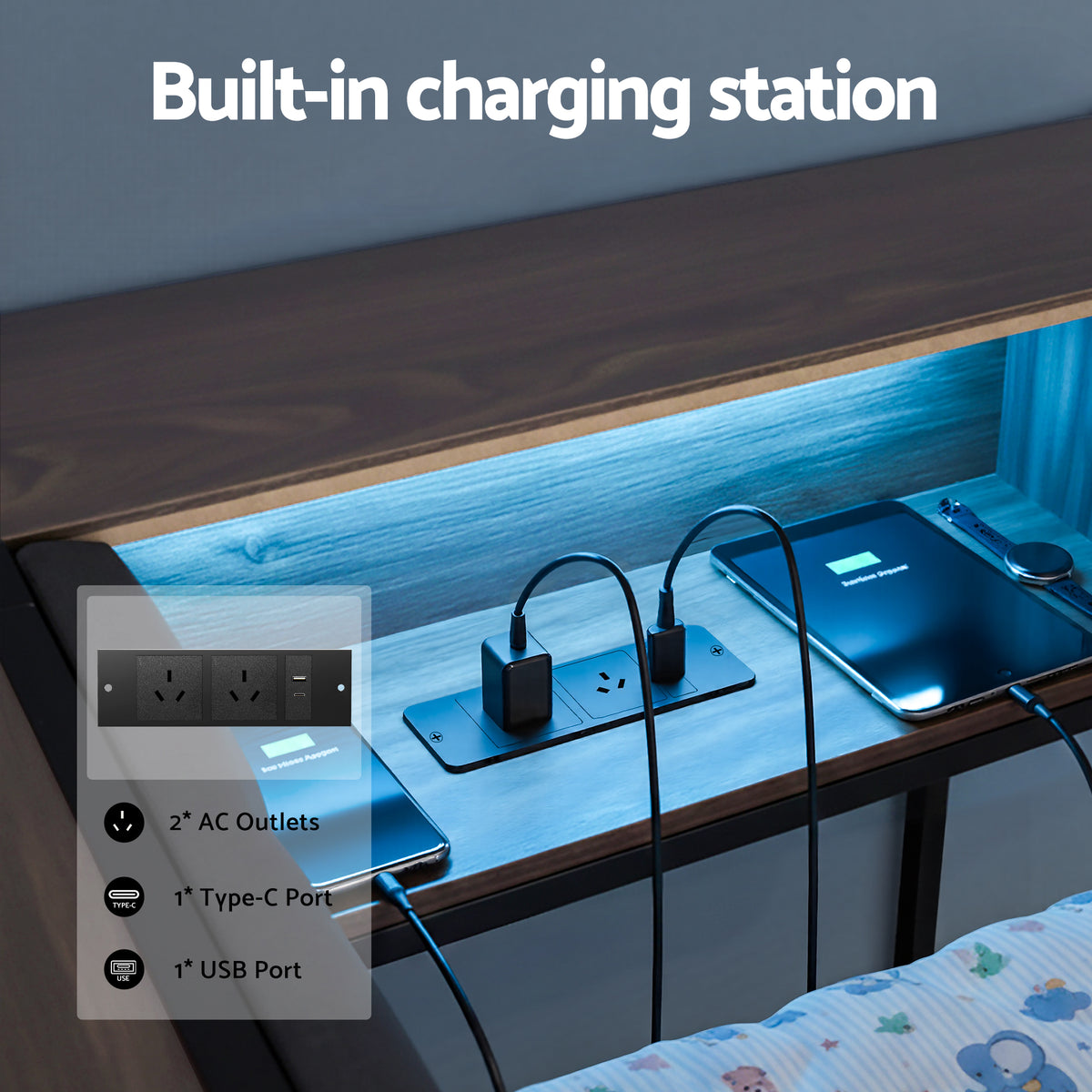 Artiss Bed Frame Single Size with 2 Drawers and Charging Station Metal Corner Bed Base