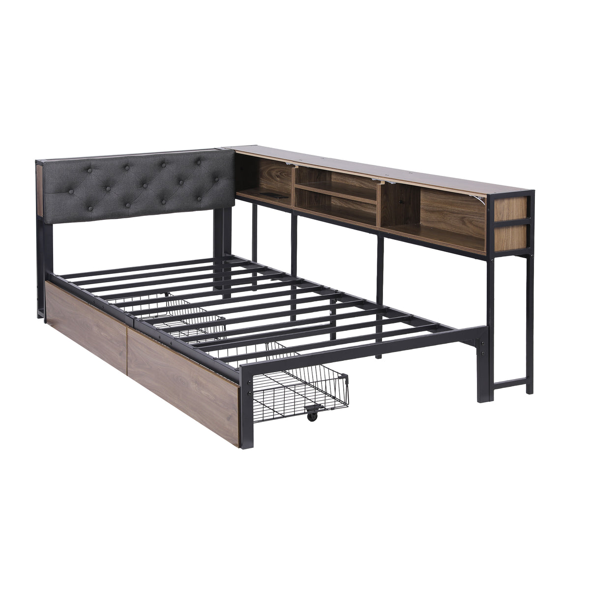 Artiss Bed Frame Single Size with 2 Drawers and Charging Station Metal Corner Bed Base