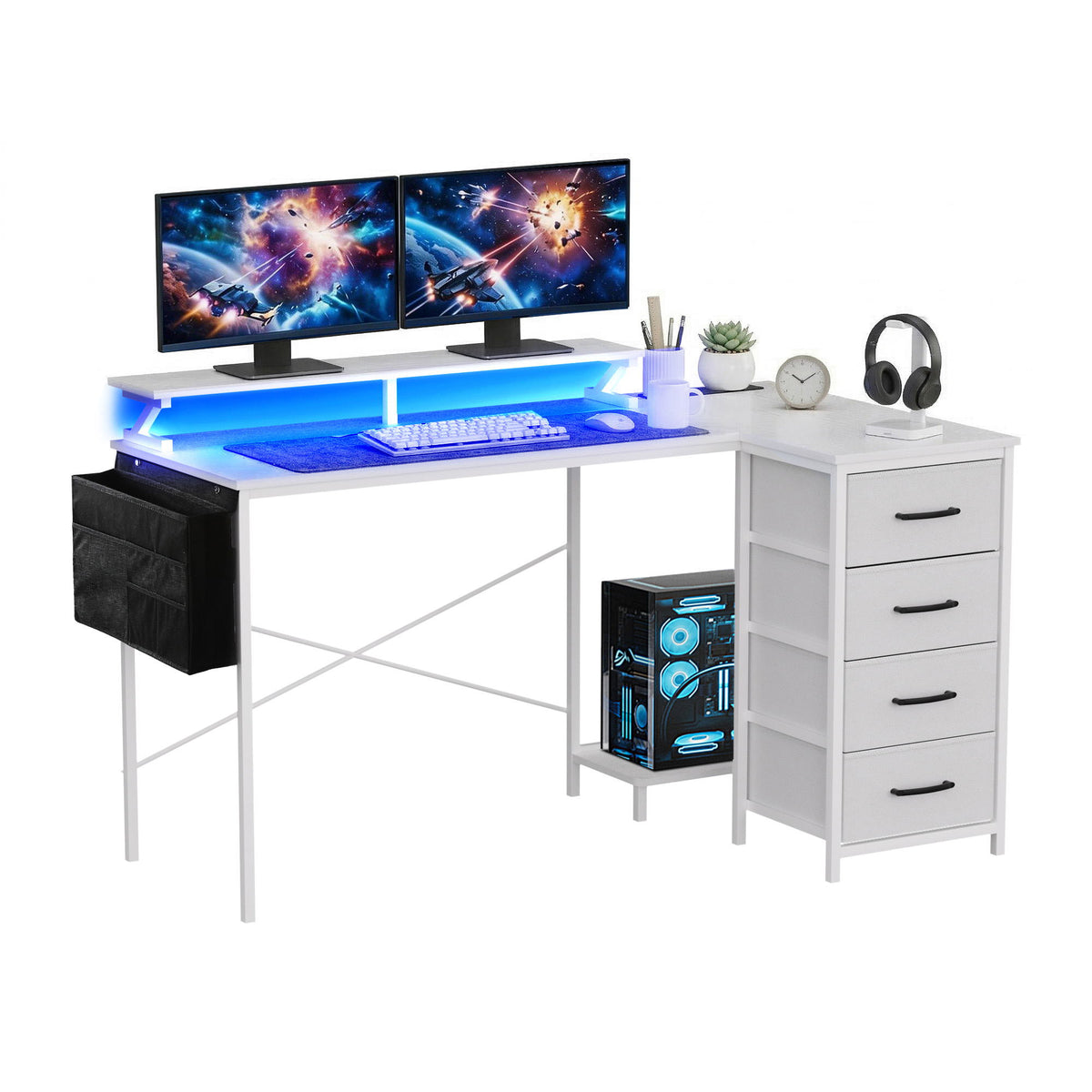 Artiss 140cm L Shaped Gaming Desk Computer Desk with LED Lights & Power Outlets