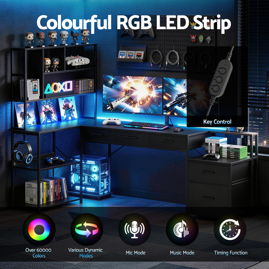 Artiss 200cm L Shaped Gaming Desk Computer Desk with LED Lights & Power Outlets