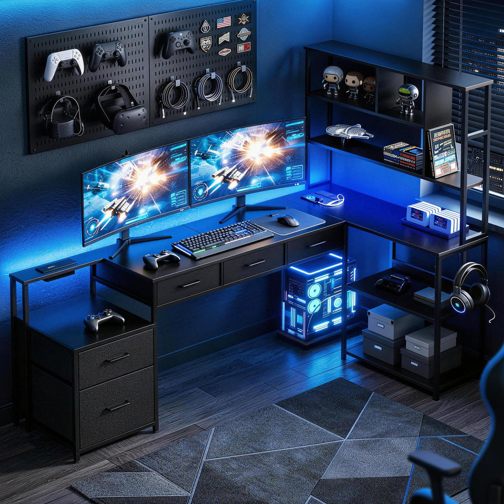 Artiss 200cm L Shaped Gaming Desk Computer Desk with LED Lights & Power Outlets