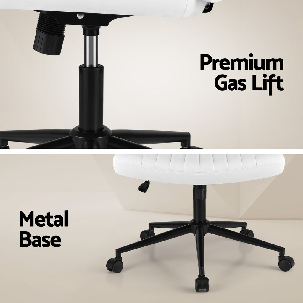 Artiss Criss Cross Chair with Wheels Wide Cross Legged Office Desk Vanity Chair PU Leather, Armless Height Adjustable Swivel Home Office Chair for Home Computer Task, White