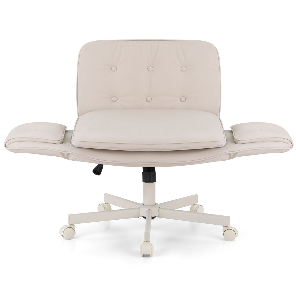 Artiss Criss Cross Chair with Wheels & Adjustable Armrests, Ergonomic Cross Legged Office Desk Chair PU Leather Vanity Chair Swivel for Home, Make Up, Bedroom, Computer, Beige