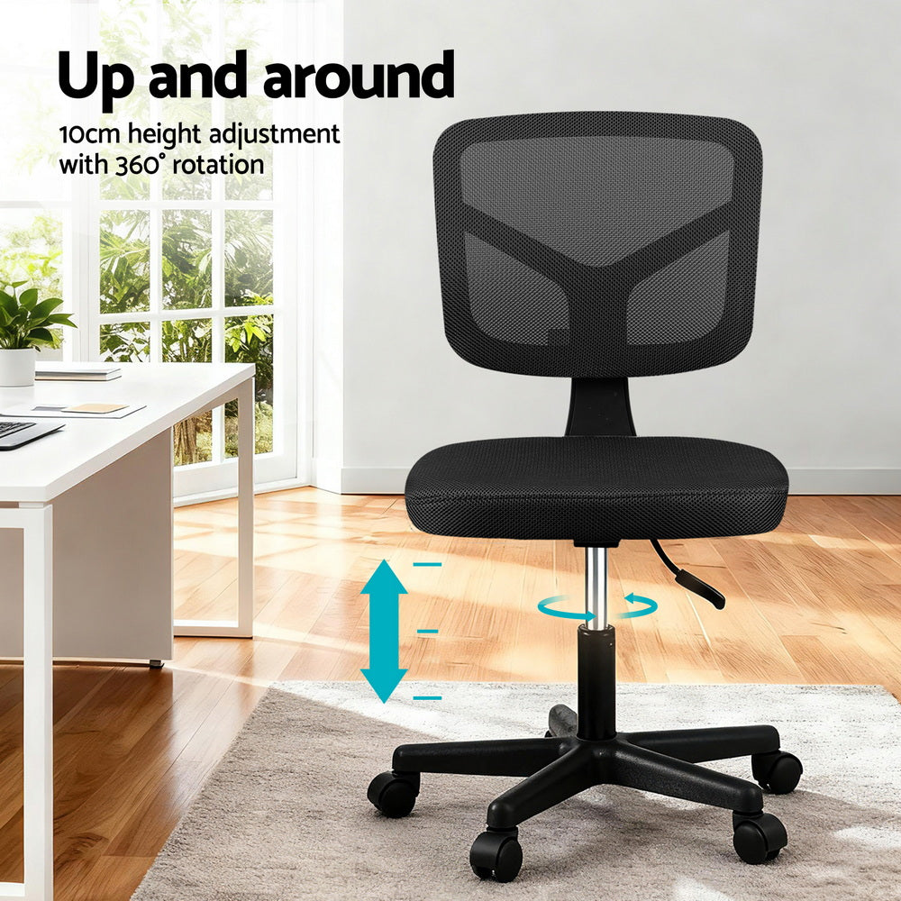 Artiss Armless Office Chair with Wheels, Ergonomic 360° Swivel Home Office Desk Chair, Height Adjustable Computer Task Chair with Fabric Back and Seat for Small Space, Black
