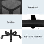 Artiss Armless Office Chair with Wheels, Ergonomic 360° Swivel Home Office Desk Chair, Height Adjustable Computer Task Chair with Fabric Back and Seat for Small Space, Black